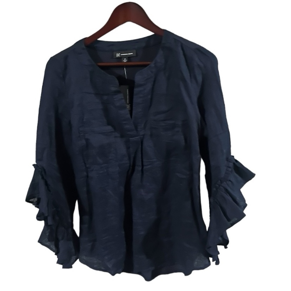 NWT INC Ruffle-Sleeve Linen-Blend Top Sz M - Picture 2 of 8
